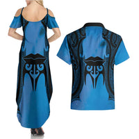 Personalised Moko Kauae New Zealand Couples Matching Summer Maxi Dress and Hawaiian Shirt Maori Chin Tattoo Blue - Polynesian Pride