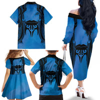Personalised Moko Kauae New Zealand Family Matching Off The Shoulder Long Sleeve Dress and Hawaiian Shirt Maori Chin Tattoo Blue - Polynesian Pride