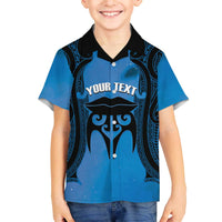 Personalised Moko Kauae New Zealand Family Matching Off The Shoulder Long Sleeve Dress and Hawaiian Shirt Maori Chin Tattoo Blue - Polynesian Pride