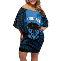 Personalised Moko Kauae New Zealand Family Matching Off Shoulder Short Dress and Hawaiian Shirt Maori Chin Tattoo Blue - Polynesian Pride