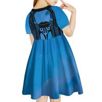 Personalised Moko Kauae New Zealand Kid Short Sleeve Dress Maori Chin Tattoo Blue - Polynesian Pride