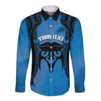 Personalised Moko Kauae New Zealand Long Sleeve Button Shirt Maori Chin Tattoo Blue - Polynesian Pride