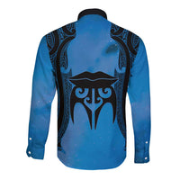 Personalised Moko Kauae New Zealand Long Sleeve Button Shirt Maori Chin Tattoo Blue - Polynesian Pride