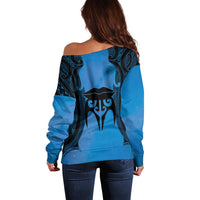Personalised Moko Kauae New Zealand Off Shoulder Sweater Maori Chin Tattoo Blue - Polynesian Pride