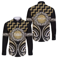 Aotearoa Waikato Tainui Personalised Family Matching Off The Shoulder Long Sleeve Dress and Hawaiian Shirt Maori Iwi Poutama Puhoro Tattoo LT14 Dad's Shirt - Long Sleeve Old Yellow - Polynesian Pride