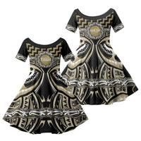 Aotearoa Waikato Tainui Personalised Family Matching Off Shoulder Short Dress and Hawaiian Shirt Maori Iwi Poutama Puhoro Tattoo LT14 Daughter's Dress Old Yellow - Polynesian Pride