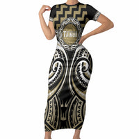 Aotearoa Waikato Tainui Personalised Short Sleeve Bodycon Dress Maori Iwi Poutama Puhoro Tattoo LT14 Long Dress Old Yellow - Polynesian Pride