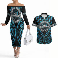 Aotearoa Ngati Kahungunu Personalised Couples Matching Off The Shoulder Long Sleeve Dress and Hawaiian Shirt Maori Iwi Poutama Puhoro Tattoo LT14 Turquoise - Polynesian Pride
