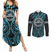 Aotearoa Ngati Kahungunu Personalised Couples Matching Summer Maxi Dress and Long Sleeve Button Shirt Maori Iwi Poutama Puhoro Tattoo LT14 Turquoise - Polynesian Pride