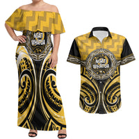 Aotearoa Ngati Whatua Personalised Couples Matching Off Shoulder Maxi Dress and Hawaiian Shirt Maori Iwi Poutama Puhoro Tattoo LT14 Yellow - Polynesian Pride