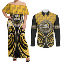 Aotearoa Ngati Whatua Personalised Couples Matching Off Shoulder Maxi Dress and Long Sleeve Button Shirt Maori Iwi Poutama Puhoro Tattoo LT14 Yellow - Polynesian Pride