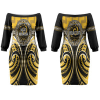 Aotearoa Ngati Whatua Personalised Couples Matching Off The Shoulder Long Sleeve Dress and Hawaiian Shirt Maori Iwi Poutama Puhoro Tattoo LT14 - Polynesian Pride