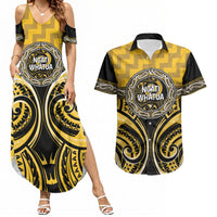 Aotearoa Ngati Whatua Personalised Couples Matching Summer Maxi Dress and Hawaiian Shirt Maori Iwi Poutama Puhoro Tattoo LT14 Yellow - Polynesian Pride