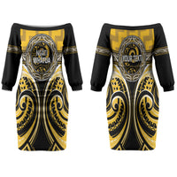 Aotearoa Ngati Whatua Personalised Family Matching Off The Shoulder Long Sleeve Dress and Hawaiian Shirt Maori Iwi Poutama Puhoro Tattoo LT14 Mom's Dress Yellow - Polynesian Pride
