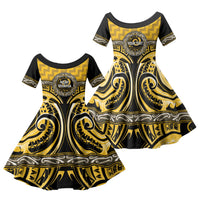 Aotearoa Ngati Whatua Personalised Family Matching Short Sleeve Bodycon Dress and Hawaiian Shirt Maori Iwi Poutama Puhoro Tattoo LT14 Daughter's Dress Yellow - Polynesian Pride