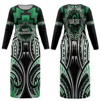 Aotearoa Ngati Maniapoto Personalised Family Matching Long Sleeve Bodycon Dress and Hawaiian Shirt Maori Iwi Poutama Puhoro Tattoo LT14 Mom's Dress Green - Polynesian Pride