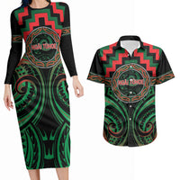 Aotearoa Ngai Tuhoe Personalised Couples Matching Long Sleeve Bodycon Dress and Hawaiian Shirt Maori Iwi Poutama Puhoro Tattoo LT14 Green - Polynesian Pride