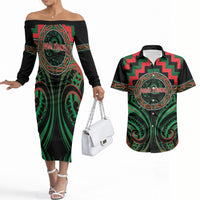 Aotearoa Ngai Tuhoe Personalised Couples Matching Off The Shoulder Long Sleeve Dress and Hawaiian Shirt Maori Iwi Poutama Puhoro Tattoo LT14 Green - Polynesian Pride
