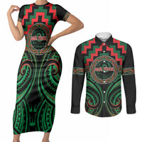 Aotearoa Ngai Tuhoe Personalised Couples Matching Short Sleeve Bodycon Dress and Long Sleeve Button Shirt Maori Iwi Poutama Puhoro Tattoo LT14 Green - Polynesian Pride