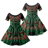 Aotearoa Ngai Tuhoe Personalised Family Matching Short Sleeve Bodycon Dress and Hawaiian Shirt Maori Iwi Poutama Puhoro Tattoo LT14 Daughter's Dress Green - Polynesian Pride