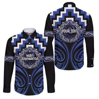 Aotearoa Ngati Tuwharetoa Personalised Family Matching Off The Shoulder Long Sleeve Dress and Hawaiian Shirt Maori Iwi Poutama Puhoro Tattoo LT14 Dad's Shirt - Long Sleeve Blue - Polynesian Pride
