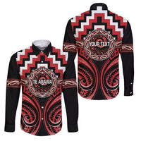 Aotearoa Te Arawa Personalised Family Matching Puletasi and Hawaiian Shirt Maori Iwi Poutama Puhoro Tattoo LT14 Dad's Shirt - Long Sleeve Red - Polynesian Pride