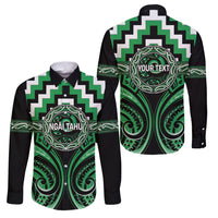 Aotearoa Ngai Tahu Personalised Family Matching Off Shoulder Maxi Dress and Hawaiian Shirt Maori Iwi Poutama Puhoro Tattoo LT14 Dad's Shirt - Long Sleeve Green - Polynesian Pride