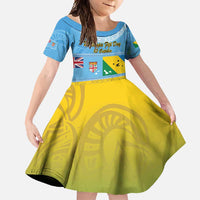 Personalised Malampa Fiji Day Family Matching Long Sleeve Bodycon Dress and Hawaiian Shirt 10 October Fijian Tapa Flag Style LT14 Daughter's Dress Blue - Polynesian Pride