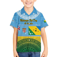 Personalised Malampa Fiji Day Family Matching Long Sleeve Bodycon Dress and Hawaiian Shirt 10 October Fijian Tapa Flag Style LT14 Son's Shirt Blue - Polynesian Pride