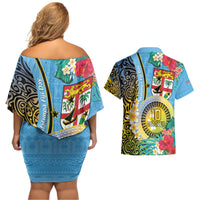 Vanuatu Malampa Fiji Day Couples Matching Off Shoulder Short Dress and Hawaiian Shirt Happy 10 October With Maps Tropical Flowers