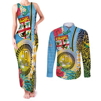 Vanuatu Malampa Fiji Day Couples Matching Tank Maxi Dress and Long Sleeve Button Shirt Happy 10 October With Maps Tropical Flowers