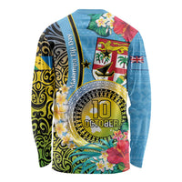 Vanuatu Malampa Fiji Day Long Sleeve Shirt Happy 10 October With Maps Tropical Flowers