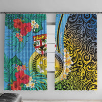 Vanuatu Malampa Fiji Day Window Curtain Happy 10 October With Maps Tropical Flowers LT14 With Hooks Blue - Polynesian Pride