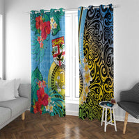 Vanuatu Malampa Fiji Day Window Curtain Happy 10 October With Maps Tropical Flowers LT14 With Grommets Blue - Polynesian Pride