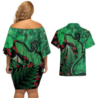 New Zealand Gecko Christmas Couples Matching Off Shoulder Short Dress and Hawaiian Shirt Meri Kirihimete Paua Shell Mix Pohutukawa
