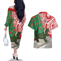 Personalised New Zealand Tuatara Christmas Couples Matching Off The Shoulder Long Sleeve Dress and Hawaiian Shirt Meri Kirihimete Aotearoa Maori Mix Pohutukawa