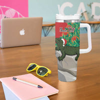 Personalised New Zealand Tuatara Christmas Tumbler With Handle Meri Kirihimete Aotearoa Maori Mix Pohutukawa