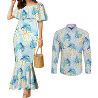 Pastel Cyan Tropical Hawaii Couples Matching Mermaid Dress and Long Sleeve Button Shirt Seamless Monstera Plumeria Hawaiian Pattern LT14 Pastel Cyan - Polynesian Pride