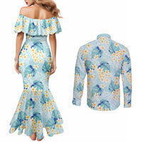 Pastel Cyan Tropical Hawaii Couples Matching Mermaid Dress and Long Sleeve Button Shirt Seamless Monstera Plumeria Hawaiian Pattern LT14 - Polynesian Pride