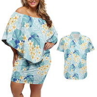 Pastel Cyan Tropical Hawaii Couples Matching Off Shoulder Short Dress and Hawaiian Shirt Seamless Monstera Plumeria Hawaiian Pattern - Polynesian Pride