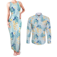 Pastel Cyan Tropical Hawaii Couples Matching Tank Maxi Dress and Long Sleeve Button Shirt Seamless Monstera Plumeria Hawaiian Pattern LT14 Pastel Cyan - Polynesian Pride