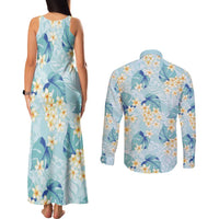 Pastel Cyan Tropical Hawaii Couples Matching Tank Maxi Dress and Long Sleeve Button Shirt Seamless Monstera Plumeria Hawaiian Pattern LT14 - Polynesian Pride