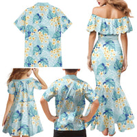 Pastel Cyan Tropical Hawaii Family Matching Mermaid Dress and Hawaiian Shirt Seamless Monstera Plumeria Hawaiian Pattern - Polynesian Pride