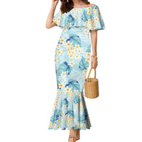 Pastel Cyan Tropical Hawaii Family Matching Mermaid Dress and Hawaiian Shirt Seamless Monstera Plumeria Hawaiian Pattern - Polynesian Pride
