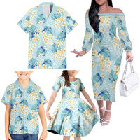Pastel Cyan Tropical Hawaii Family Matching Off The Shoulder Long Sleeve Dress and Hawaiian Shirt Seamless Monstera Plumeria Hawaiian Pattern - Polynesian Pride