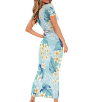 Pastel Cyan Tropical Hawaii Family Matching Short Sleeve Bodycon Dress and Hawaiian Shirt Seamless Monstera Plumeria Hawaiian Pattern - Polynesian Pride
