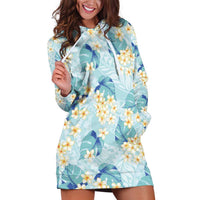 Pastel Cyan Tropical Hawaii Hoodie Dress Seamless Monstera Plumeria Hawaiian Pattern - Polynesian Pride