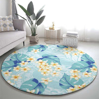 Pastel Cyan Tropical Hawaii Round Carpet Seamless Monstera Plumeria Hawaiian Pattern - Polynesian Pride