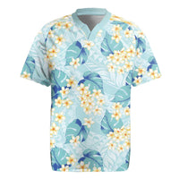 Pastel Cyan Tropical Hawaii Rugby Jersey Seamless Monstera Plumeria Hawaiian Pattern - Polynesian Pride