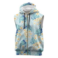 Pastel Cyan Tropical Hawaii Sleeveless Zip Hoodie Seamless Monstera Plumeria Hawaiian Pattern - Polynesian Pride